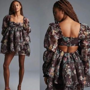 Anthropologie Selkie The Moonlight Dress Floral Plum Mini Puff Sleeves